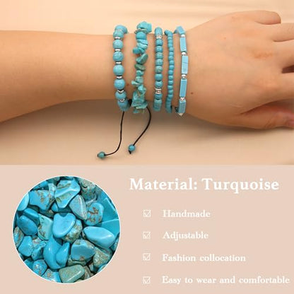 5Pcs Healing Crystal Bracelet for Women Men, Handmade Adjustable Gemstone Bracelets Beaded Reiki Energ Bracelet Set Jewelry Gifts for Women Men - color: Turquoise