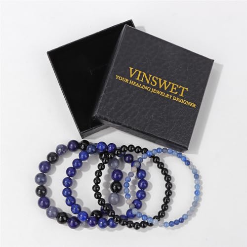 4pcs Beaded Bracelets for Women,Natural Healing Crystal Gemstones Bracelet,Anxiety Stress Relief Bracelet Handmade purple Jewelry Gifts for Women - color: Blue Aventurine&Black Obsidian&lapis lazuli