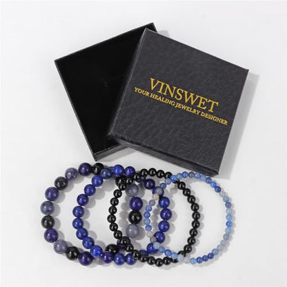 4pcs Beaded Bracelets for Women,Natural Healing Crystal Gemstones Bracelet,Anxiety Stress Relief Bracelet Handmade purple Jewelry Gifts for Women - color: Blue Aventurine&Black Obsidian&lapis lazuli