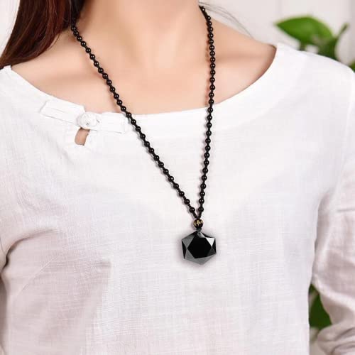 Black Obsidian Necklace Protection Pendant with Extended Bead Chain Healing Crystal Stone Amulet Necklace for Men Women - color: Hexagram