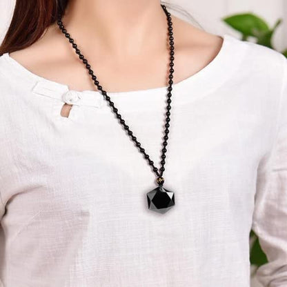 Black Obsidian Necklace Protection Pendant with Extended Bead Chain Healing Crystal Stone Amulet Necklace for Men Women - color: Hexagram