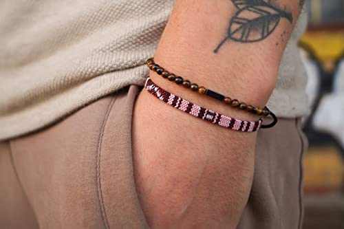 Made by Nami 2 Pcs Boho Surfer Bracelets for Men and Women Waterproof and Adjustable Beach Bracelets for Men and Women Set of 2 Beaded & Braided - color: Tiger-Eye & Ruby Red