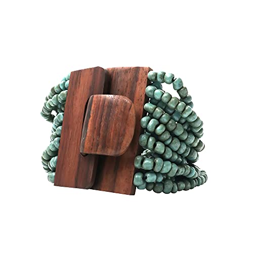 Rustic TURQUOISE Color Ethnic Beaded Bali Bracelet with Dense Hardwood Buckle Clasp 14 Elastic Strands 2mm Glass Beads in GIFT BOX