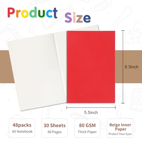 miikoul 48 Pack A5 Blank Journal Notebooks in Bulk, Colorful Soft Cover Unlined Paper for Kids Student Traveler Drawing Writing Take Notes and Plan, 8.3x5.5 Inches, 80 GSM, 60 Pages/30 Sheets - size: Blank inner page-48 Pack