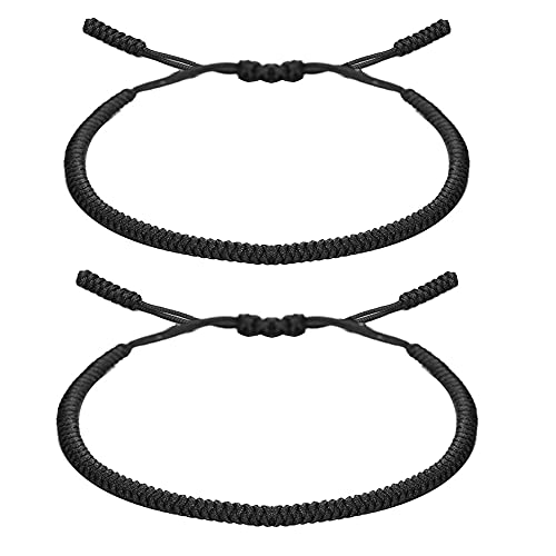 kelistom Handmade Buddhist String Bracelets for Women Men Tibetan Adjustable Woven Rope Bracelet for Protection and Luck, Red and Black, 2or 6 pcs/set - color: tight braid-black