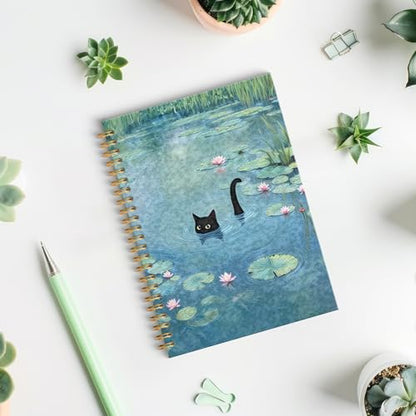 ROXMART Funny Black Cat in Water Lily Pond Spiral Notebook Journal, Cat Lover Mom Lady Gifts for Women, Whimsical Cute Black Kitty Kitten Hardcover Notebook Journal, 5.5x8.3 Inch - color: Style04