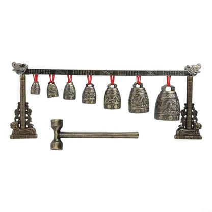 Antique Chinese Percussion Chime Instrument, Chinese Musical Bronze Meditation Percussion instrument with 7 Decorated Bell for Home or Office Decoration and Gift-