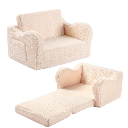 MOMCAYWEX Kids Sofa, 2-in-1 Flip-Out Foam Couch with Soft Sherpa Cover, Cozy Play Lounge Chair, Cream - color: Cream, size: Medium