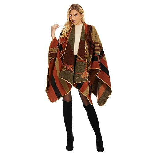 Shawl Wraps for Women, Elegant Knitted Cape Open Front Poncho Scarf Blanket Cardigan Coat for Spring, Autumn, and Winter - color: Orange Black