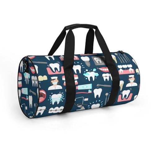 Teeth Dental Seamless Pattern Cylindrical Portable Fitness Bag, Large Capacity Handbag - color: Teeth Dental Seamless Pattern