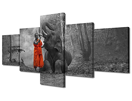 TUMOVO Thailand Zen Buddhist Wall Art Elephant Picture for Bedroom 5 Piece Canvas Wall Art Paintings Wall Decorations for Living Room Modern Artwork Contemporary Framed Ready to Hang (50''Wx 24''H) - color: Artwork-02, size: 50''Wx24''H