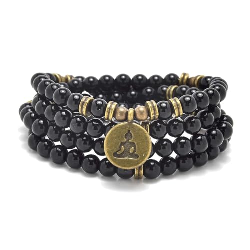 108 Mala Beads Bracelet Necklace with Yoga Symbol Buddha Charm – Gold-Plated Meditation Jewelry, Healing Stone, Ideal Spiritual Gift for Yoga & Meditation - style: Black Agate