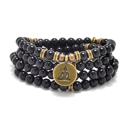 108 Mala Beads Bracelet Necklace with Yoga Symbol Buddha Charm – Gold-Plated Meditation Jewelry, Healing Stone, Ideal Spiritual Gift for Yoga & Meditation - style: Black Agate