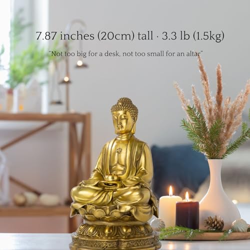 Lost-Wax Cast Genuine Brass Buddha Statue 7.87" – Heavy 3.3lb Handcrafted Meditating Figurine for Zen Garden, Shrine Altar, Meditation Room – Not Plated - color: Gold