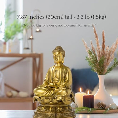Lost-Wax Cast Genuine Brass Buddha Statue 7.87" – Heavy 3.3lb Handcrafted Meditating Figurine for Zen Garden, Shrine Altar, Meditation Room – Not Plated - color: Gold