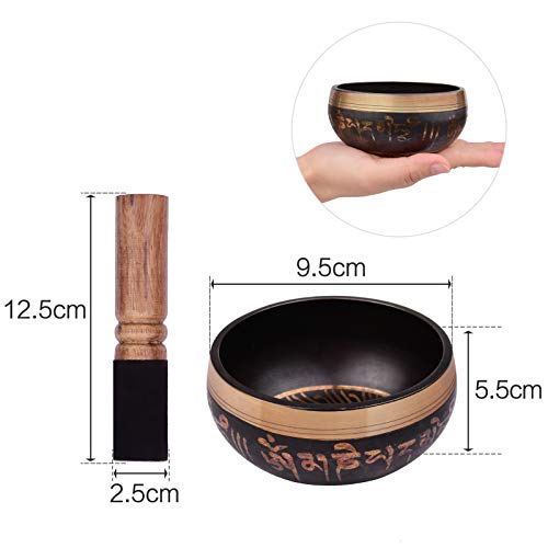Tibetan Singing Bowl Set with 9.5cm/3.7inch Handmade Metal Sound Bowl & Soft Cushion(Random Color Delivery) & Wooden r for Meditation Sound Chakra Healing Yoga Relaxation