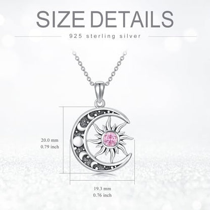 Sun and Moon Necklace 925 Sterling Silver Sun Moon Pendant Gemstone Jewelry Gifts for Women - style: October