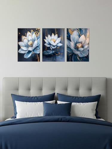 Lotus Wall Art Navy Blue and Gold Zen Lotus Flower Canvas Prints Set of 3 Framed Meditation Floral Artwork for Bathroom Living Room Yoga Spa Home Decor Ready to Hang(11"x14"x3)