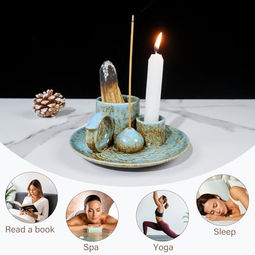 MOUGIGI 5-in-1 Ceramic Palo Santo Burner Holder Blue -Small Candle Holder & Smudge Burning Tray Bowl,Fits Incense Sticks/Cones, Sage.Zen Altar for Meditation Room, Aromatic Scents, Matches Compatible - color: Multifunctional Palo Plate-blue