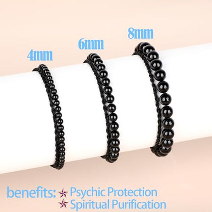 QOGIR 2pcs Handmade Healing Bracelet, Natural Gem Stone Crystal Elastic Bracelet - color: Black Obsidian(Self - Reflection), size: 8mm