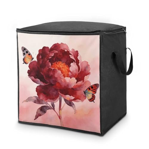 Flower Dark Red Storage Bag Portable Closet Organizer Storage Bags Quilt Storage Bags with Zippered Breathable Storage Bag with Carry Handles for Blanket Pillow Bedding