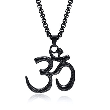 Stainless Steel Om Necklace for Men Women, gold plated/Silver/Black Yoga Charm Pendant Necklaces Aum Om Ohm Sanskrit Symbol Hindu Meditation Chain Necklace,Mens Womens Jewelry Gifts - color: Black