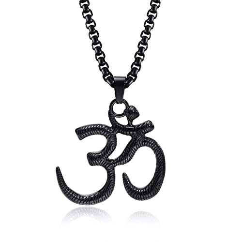 Stainless Steel Om Necklace for Men Women, gold plated/Silver/Black Yoga Charm Pendant Necklaces Aum Om Ohm Sanskrit Symbol Hindu Meditation Chain Necklace,Mens Womens Jewelry Gifts - color: Black