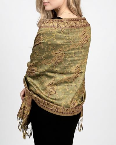 Achillea Reversible Paisley Pashmina Rave Scarf – Exotic Indian Shawls and Wraps for Evening Dresses, Festivals, All Seasons - color: Sage Green