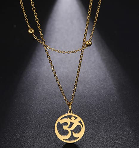 UNIFT Necklace For Women- Aum Om Ohm Sanskrit Symbol Round Pendant Beaded Double Layer Chain Charm Necklace,Hinduism Yoga Sanskrit Personalized Amulet Dainty Pendant Necklace Jewelry - color: gold