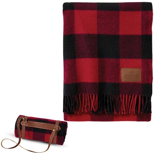Pendleton Motor Robe Wool, Camping Blanket with Leather Carrier, Western Plaid for Outdoor Adventures and Cozy Home Comfort - Rob Roy - color: Rob Roy, size: 52" x 66"