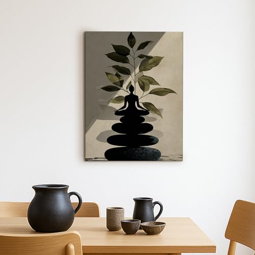 Zen Buddha Stones Wall Art, Green Black Meditative Decor, Minimalistic Home Aesthetic for Living Room, Bedroom, Spa, Wrapped Canvas 16x20 Inch - size: 16x20 Inch