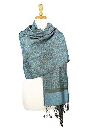 PASKMLNA Paisley Jacquard Pashmina Shawl Wrap Scarf Stole - color: Olive Light Blue