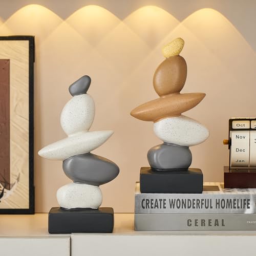 Octdays Fake Sandstone Statue Living Room Decor, Modern Ceramic Stacked Stone Sculptures Zen Decor, Stone Statue Decorations for Coffee Table Shelf Bookshelf Desk, Gifts for Good Luck (Gray & White)