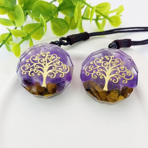 EDEN'S CALL Orgone Necklace, Tree of Life Orgonite Healing Crystal Stone Pendant Necklace for Spiritual Healing and Meditation Energy Talisman Sacred Geometry Tiger's Eye Necklaces - color: Purple/Amethyst + Tiger's Eye