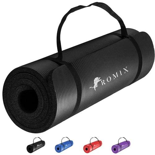 ROMIX Yoga Mat Thick 2/5 Inch (10mm), 72"L x 24"W Non-Slip Workout Mat, Large Yoga Mats for Women Men With Carry Bag and Strap, Exercise Mats for Home Workout Meditation Training Equipment - color: Black