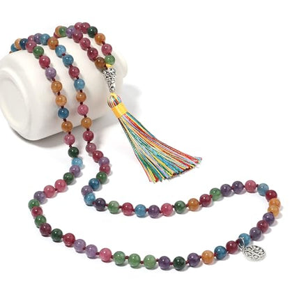 108 Mala Beads Necklace Semi-Precious Gem Stones Meditation Necklace 108 Hand Knotted Japa Mala Beaded Tassel Necklace with Tree of Life Pendant - color: Tourmaline