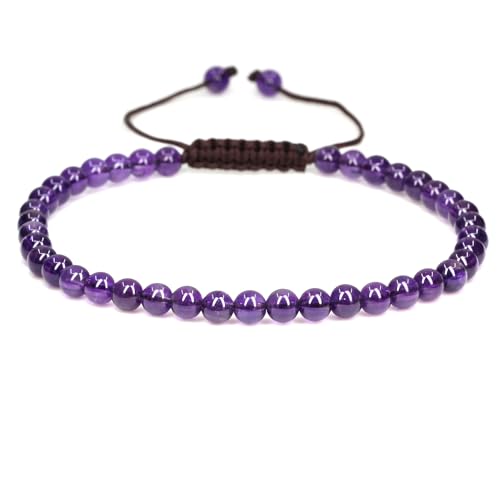 Keleny Natural Gemtones 4mm Round Beads Crystal Adjustable Braided Macrame Tassels Bracelets Unisex - color: Purple A Grade Amethyst
