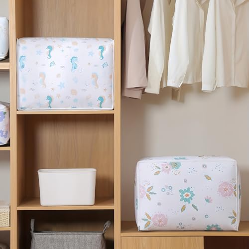 Large Capacity Clothes Storage Bag Organizer with Strong Zippers for Clothes, Quilts, Pillows (Seahorse) - style: Seahorse