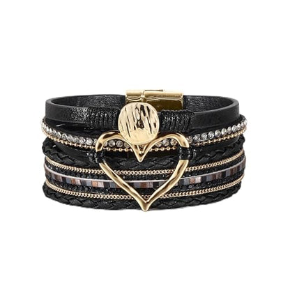Edoneery Leather Wrap Bracelet for Women, Boho Handmade Multi-Layer Cuff with Crystal Beads Heart, Stackable Bangle Western Jewelry Gift - style: Circle Heart(Black)