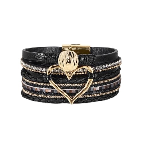 Edoneery Leather Wrap Bracelet for Women, Boho Handmade Multi-Layer Cuff with Crystal Beads Heart, Stackable Bangle Western Jewelry Gift - style: Circle Heart(Black)