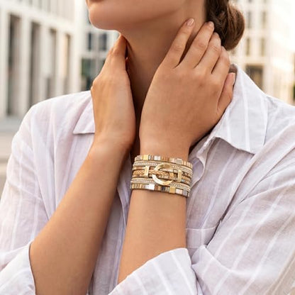 Edoneery Leather Wrap Bracelet for Women, Boho Handmade Multi-Layer Cuff with Crystal Beads Heart, Stackable Bangle Western Jewelry Gift - style: Circle(Boho)