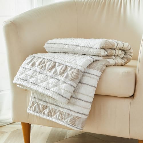 Brandream Cotton Quilted Throw Blanket – Lightweight Striped Design for All-Season Use Cozy Beige and White Throw for Sofa, Chair, or Bed