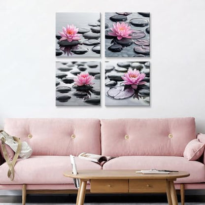 NAN Wind 4Pcs Zen Pink Water Lily Black Stones Framed Canvas Art Botanical Floral Print Modern Spa Art for Home Decor, Ready to Hang Flower Wall Art for Living Room Bedroom Meditation Space