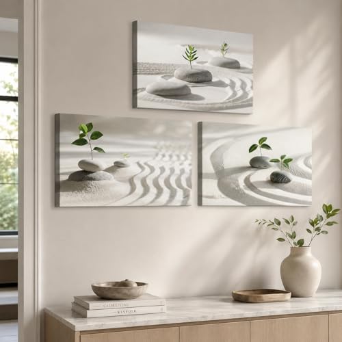 Zen Wall Art, 3 Pcs Stone and Green Leaf Pictures Zen Wall Decor Canvas Print, Yoga Spa Meditation Painting Calming Home Decorations Artwork for Spiritual Room Office Living Room Bedroom Bathroom - color: 3Zen Art04, size: 24"L x 16"W (3pcs)