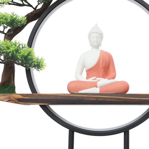 Buddha Statue with LED Circle Table Lamp Artificial Plants Fake Bonsai Tree Buddha Ceramic Statue Indoor Meditation Decoration for Home and Office,18.7 * 3.9 * 16.5in (Buddha-3)
