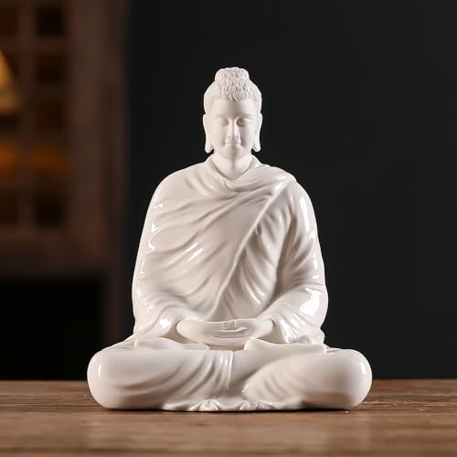 Houlu 6 Inch White Ceramic Buddha Statue Home Decor, Small Meditating Buddha Statue Indoor - color: White