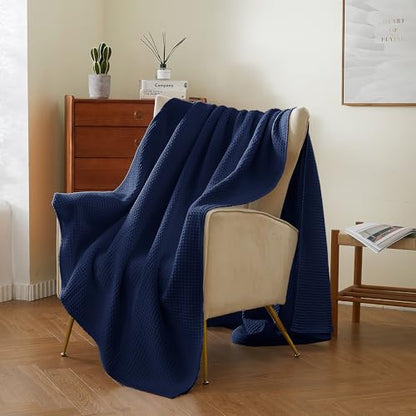 100% Cotton Waffle Blanket (Navy Blue - Throw Size - 50 * 60''), Pre-Washed and Anti-Shrinkage Soft Lightweight Bed & Couch Blanket, 380 GSM Waffle Weave Throw Blanket for All Seasons - color: Navy Blue, size: Throw (50"*60")