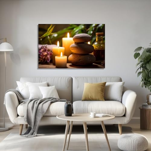 KPLUNDO Zen Canvas Wall Art - Bathroom Wall Decor Candle with Spa Stones Picture Meditation Relax Artwork for Yoga Spiritual Room Decor Frame(Art-4,12.00x18.00 inch)