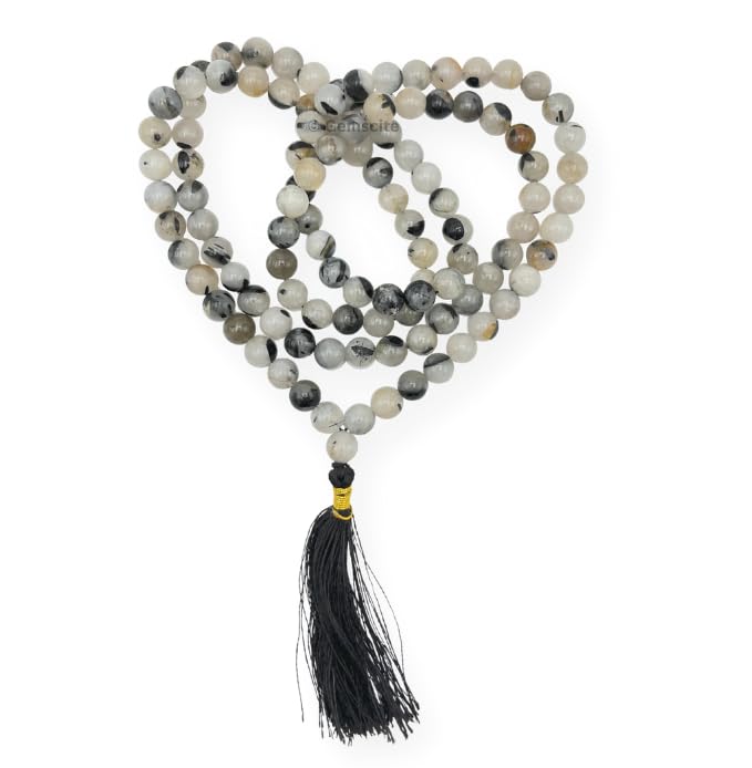 GEMSCITE Japa Mala 108 Prayer Beads Perfect for Meditation Spiritual Mala Necklace & Wrist Mala Bracelet - color: Black Rutilated Quartz, size: Without Knots