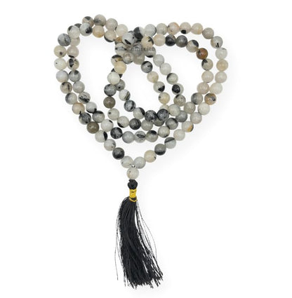 GEMSCITE Japa Mala 108 Prayer Beads Perfect for Meditation Spiritual Mala Necklace & Wrist Mala Bracelet - color: Black Rutilated Quartz, size: Without Knots